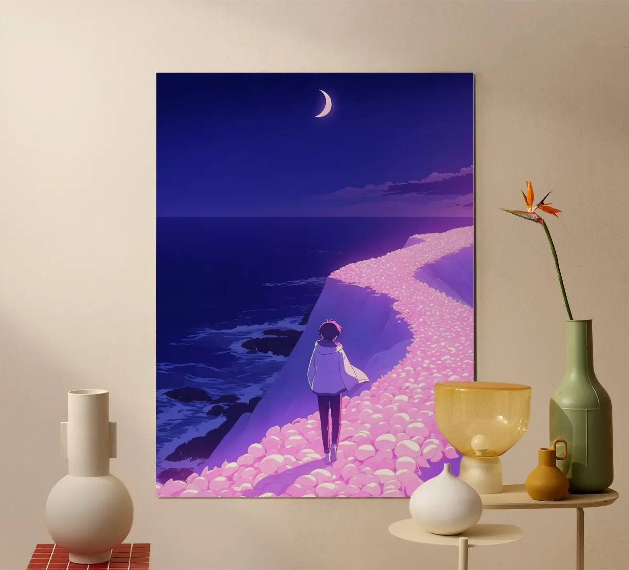 Una persona che cammina attraverso un sentiero floreale sognante Lofi Art poster con telaio in plastica da LoFi Gallery