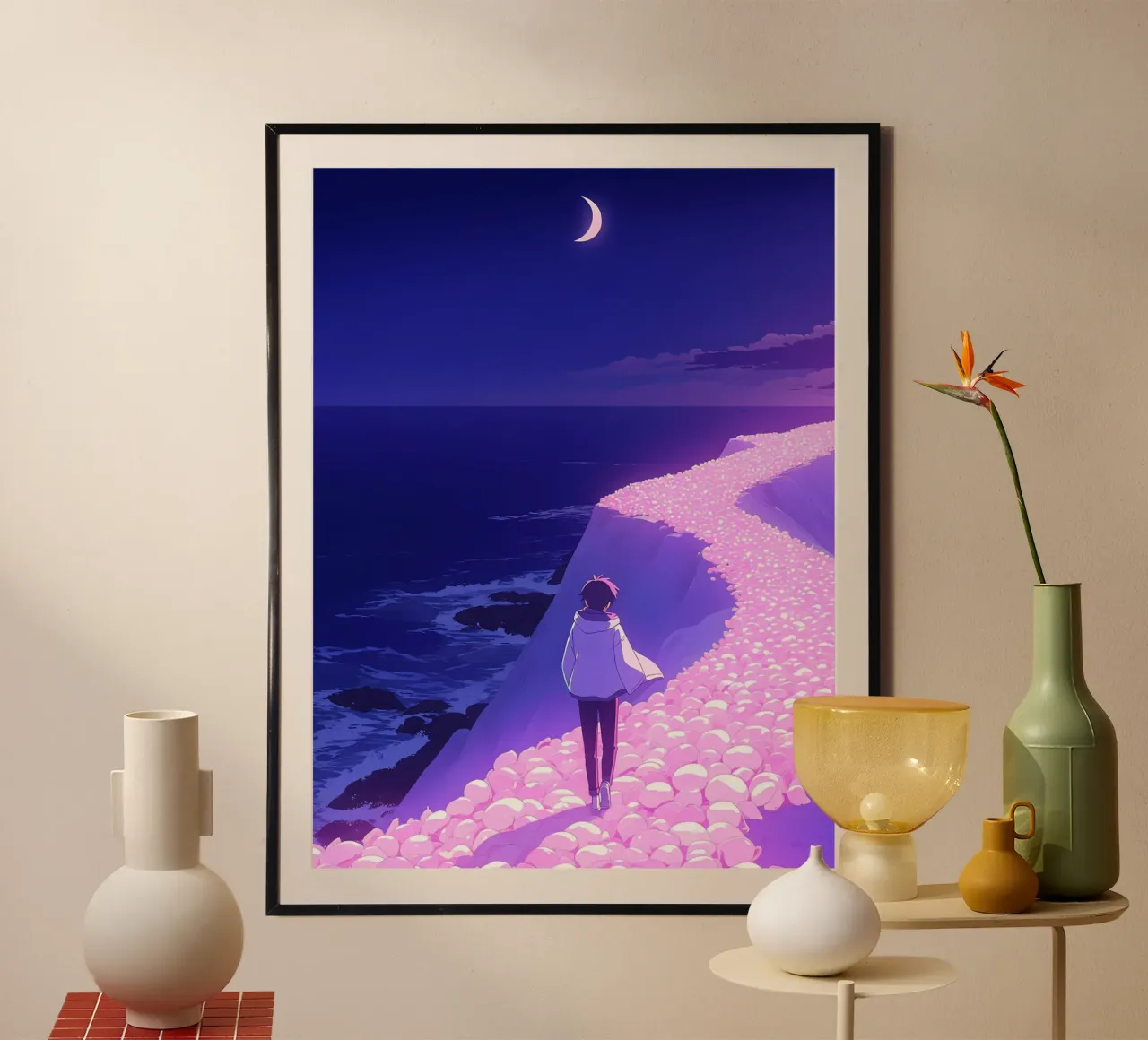 Una persona che cammina attraverso un sentiero floreale sognante Lofi Art poster con telaio in plastica da LoFi Gallery