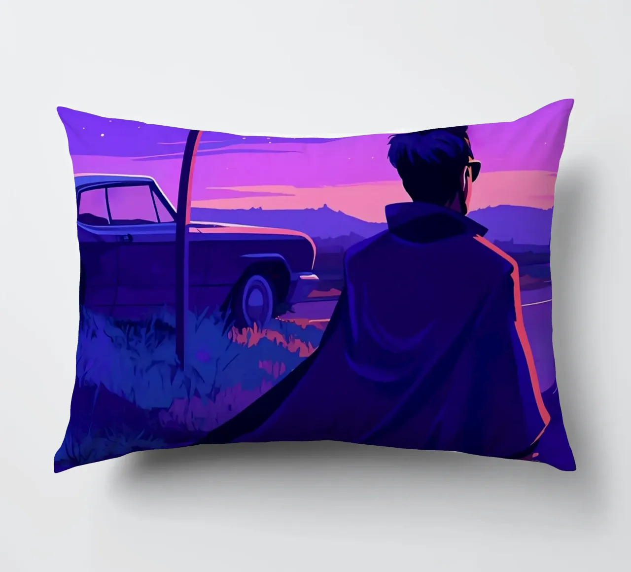 Eine Person, die in der Nähe ihres Autos steht, in abendlicher Lofi-Kunst Kissen von LoFi Gallery