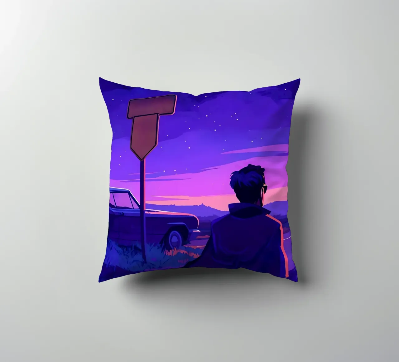 Eine Person, die in der Nähe ihres Autos steht, in abendlicher Lofi-Kunst Kissen von LoFi Gallery