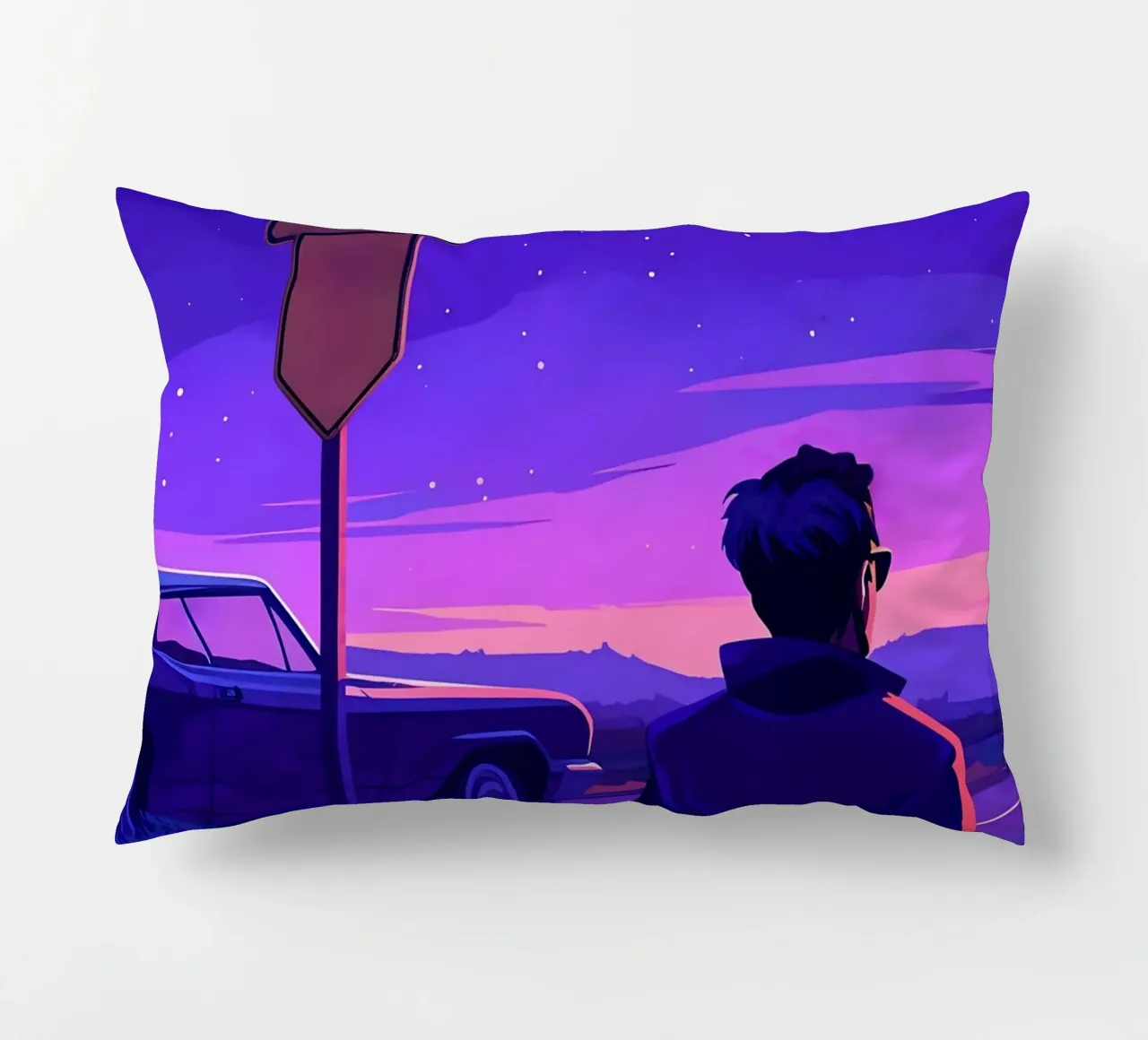 Eine Person, die in der Nähe ihres Autos steht, in abendlicher Lofi-Kunst Kissen von LoFi Gallery