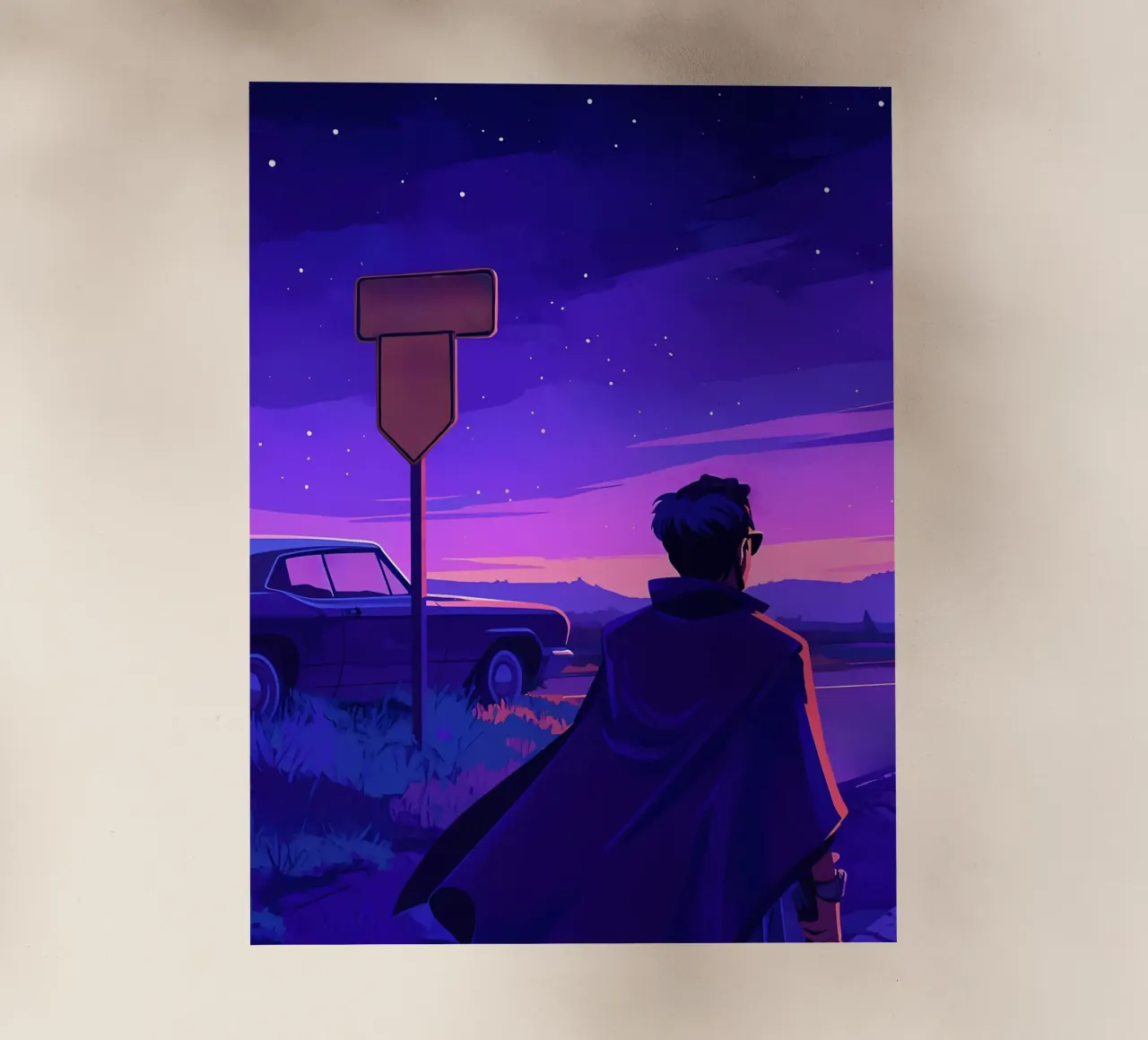 Eine Person, die in der Nähe ihres Autos steht, in abendlicher Lofi-Kunst Backlit Folie von LoFi Gallery