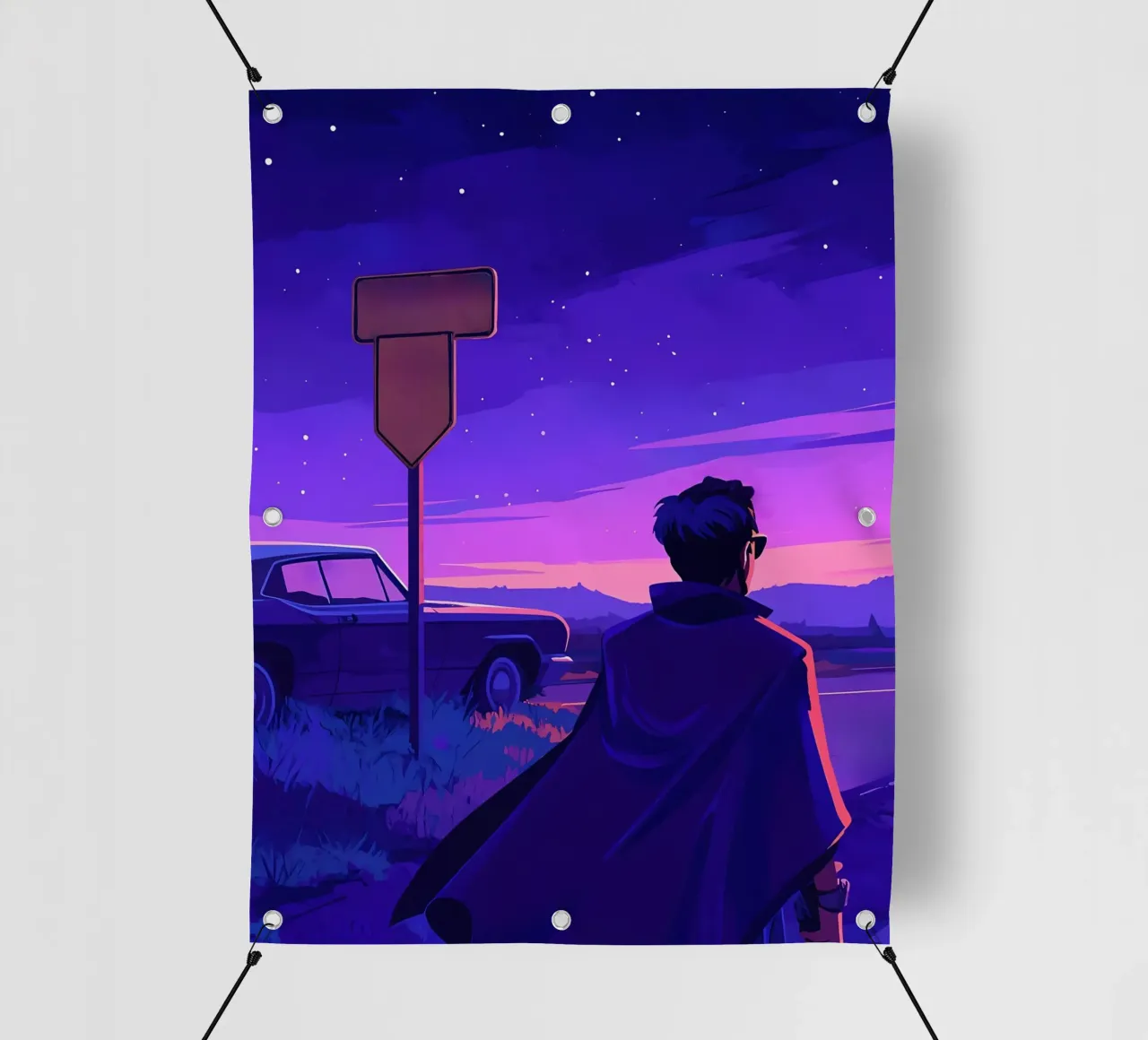 Eine Person, die in der Nähe ihres Autos steht, in abendlicher Lofi-Kunst PVC Plane von LoFi Gallery