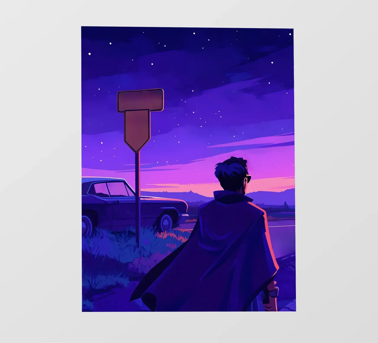 Eine Person, die in der Nähe ihres Autos steht, in abendlicher Lofi-Kunst PVC Plane von LoFi Gallery