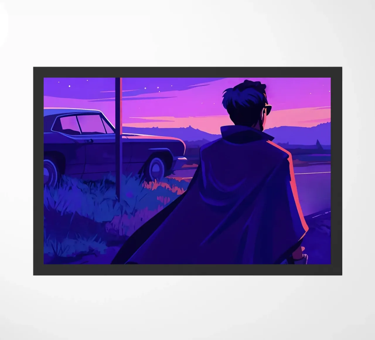 Eine Person, die in der Nähe ihres Autos steht, in abendlicher Lofi-Kunst Fußmatte von LoFi Gallery