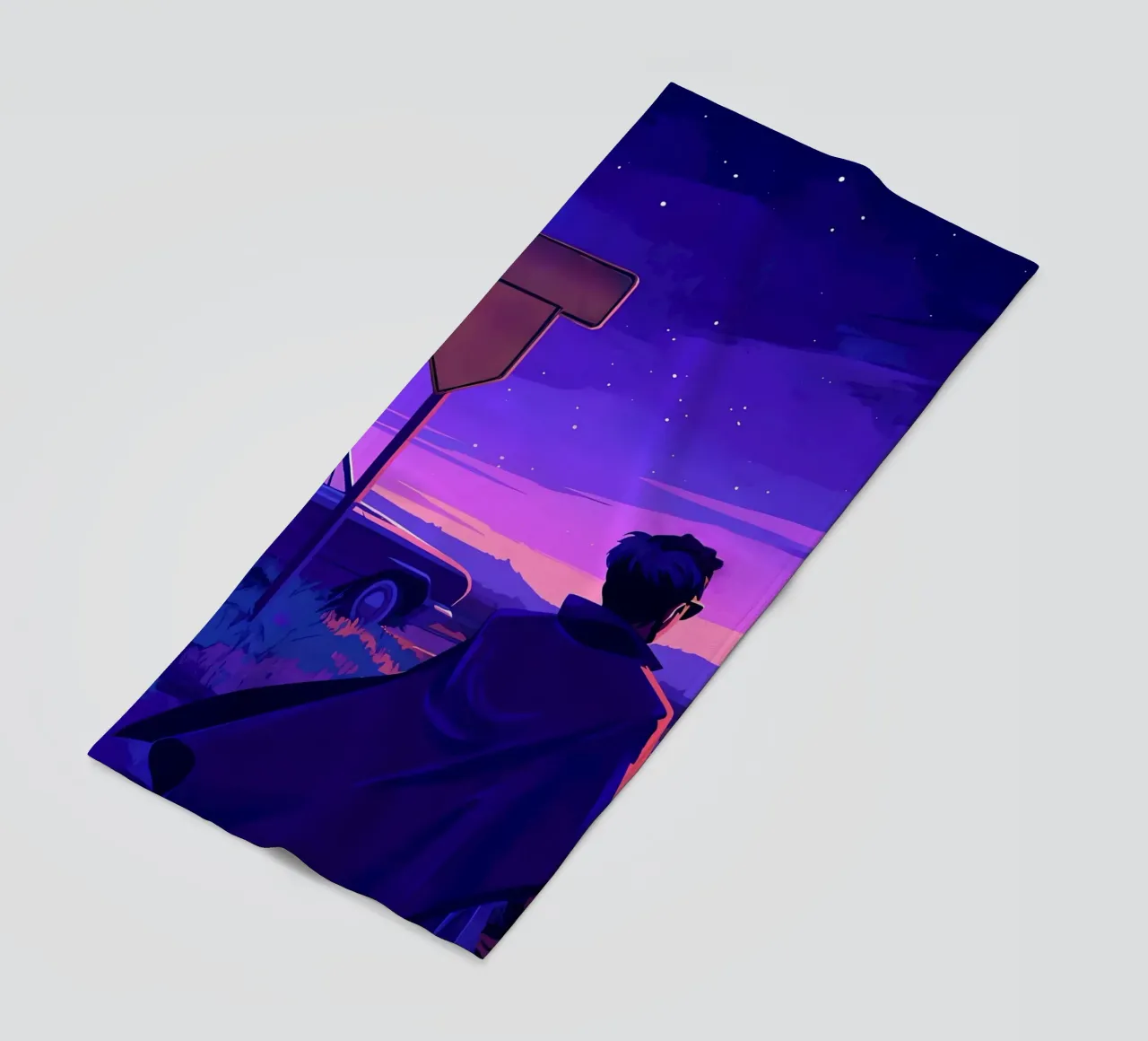 Eine Person, die in der Nähe ihres Autos steht, in abendlicher Lofi-Kunst Strandtuch von LoFi Gallery