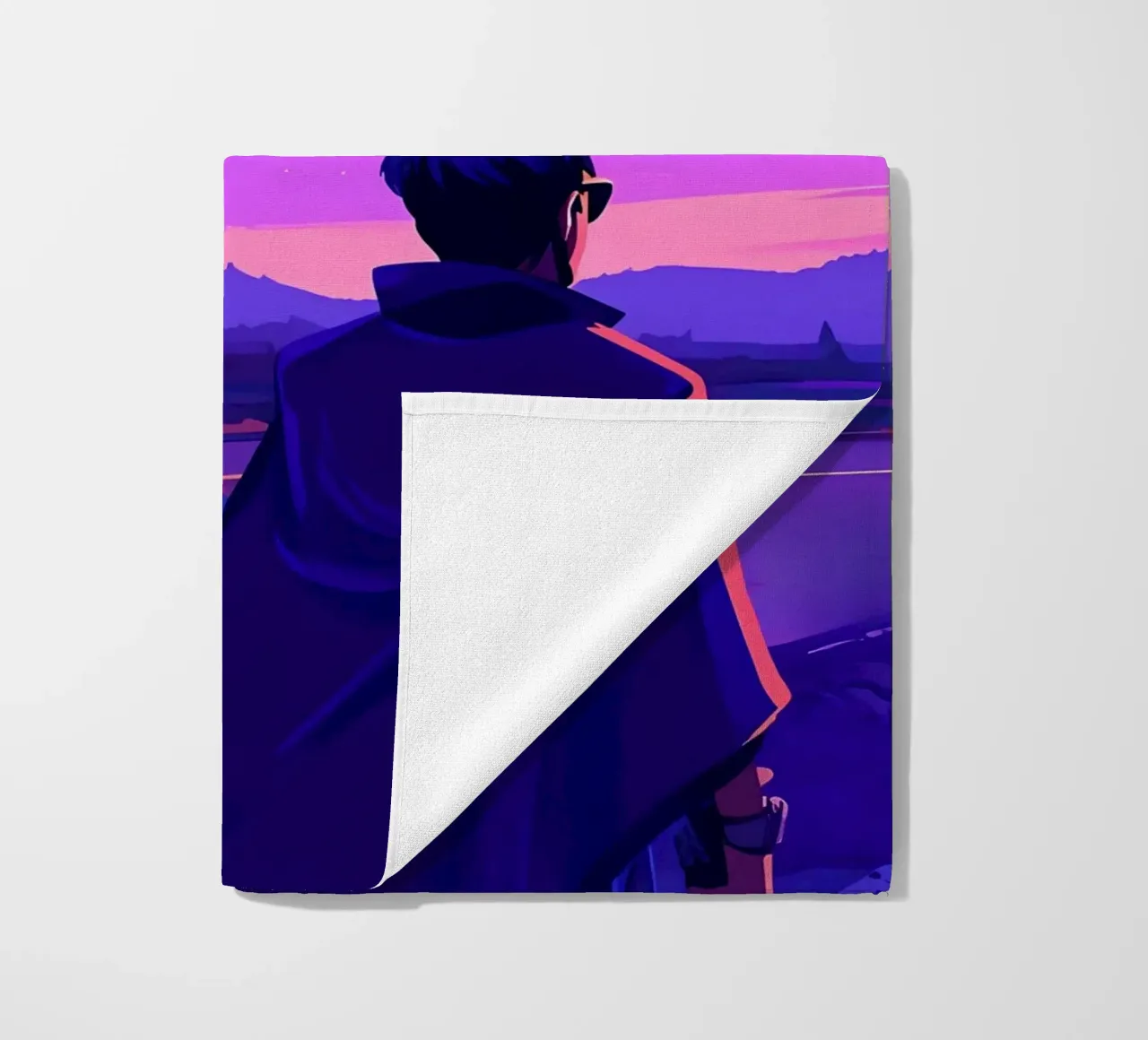 Eine Person, die in der Nähe ihres Autos steht, in abendlicher Lofi-Kunst Strandtuch von LoFi Gallery