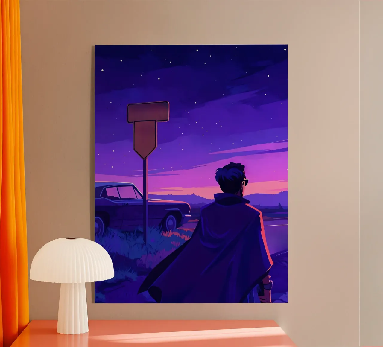 Eine Person, die in der Nähe ihres Autos steht, in abendlicher Lofi-Kunst Acryl-Glas von LoFi Gallery