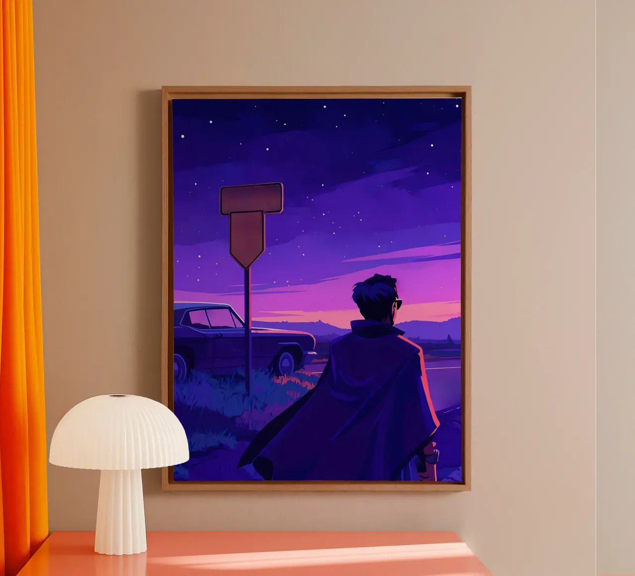 Eine Person, die in der Nähe ihres Autos steht, in abendlicher Lofi-Kunst Leinwand von LoFi Gallery