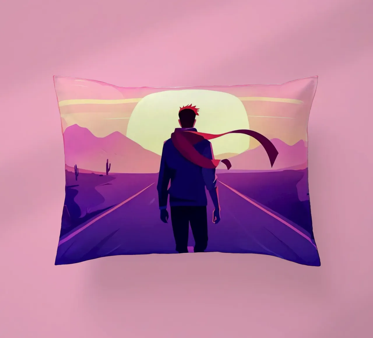 Una persona che cammina verso un sentiero al tramonto Lofi Art cuscino da LoFi Gallery