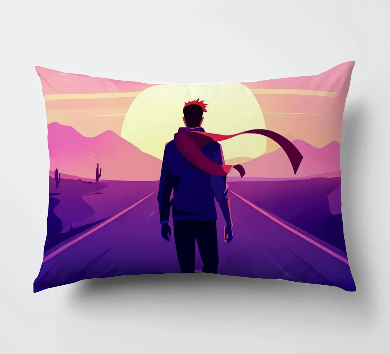 Una persona che cammina verso un sentiero al tramonto Lofi Art cuscino da LoFi Gallery