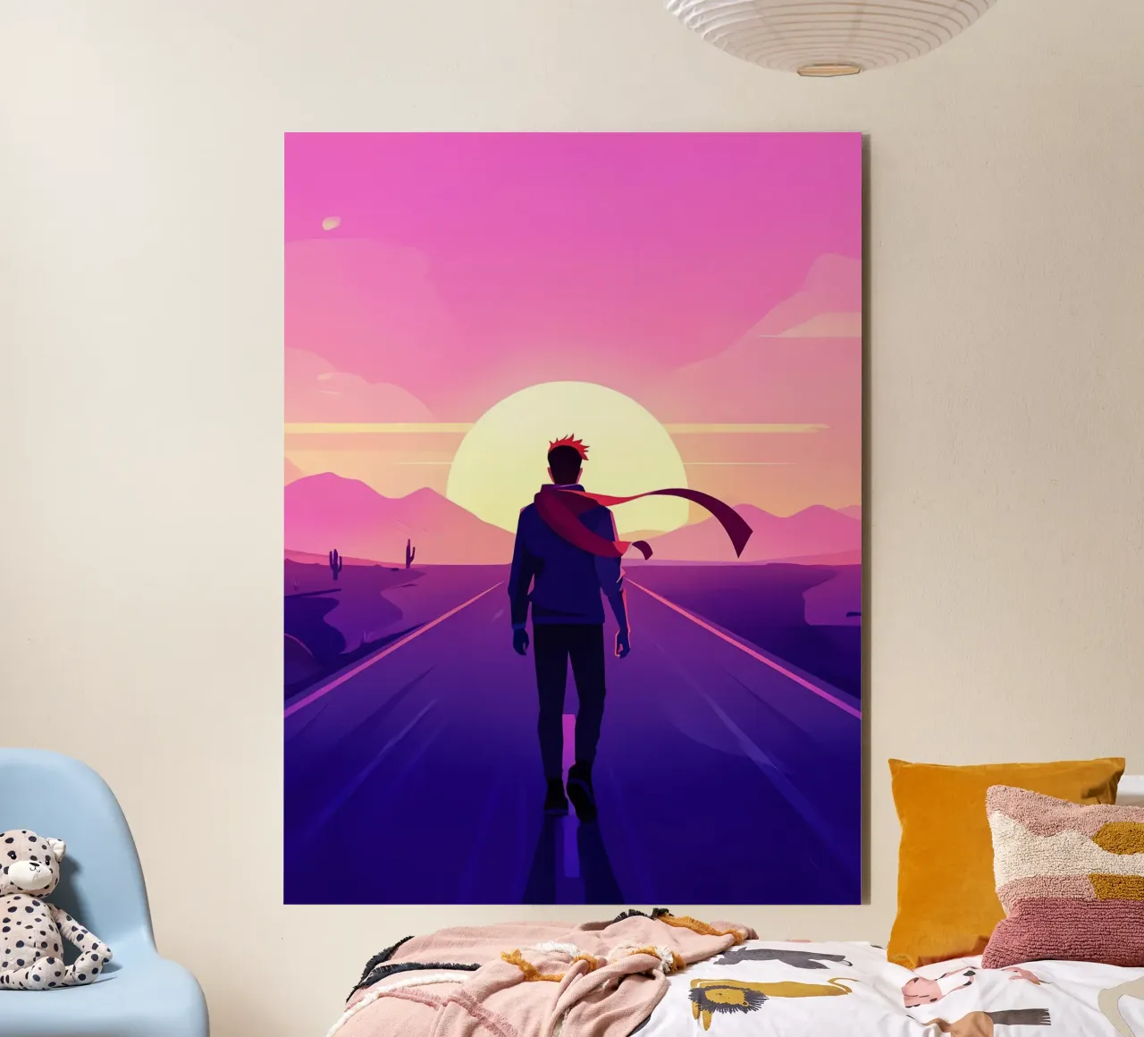 Una persona che cammina verso un sentiero al tramonto Lofi Art alluminio dibond da LoFi Gallery
