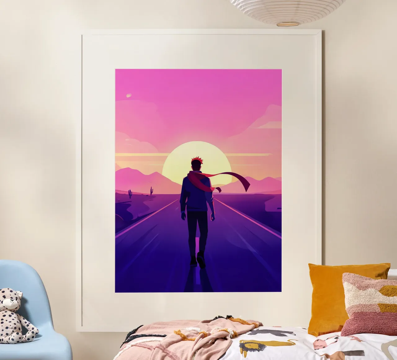 Una persona che cammina verso un sentiero al tramonto Lofi Art poster con telaio in alluminio da LoFi Gallery