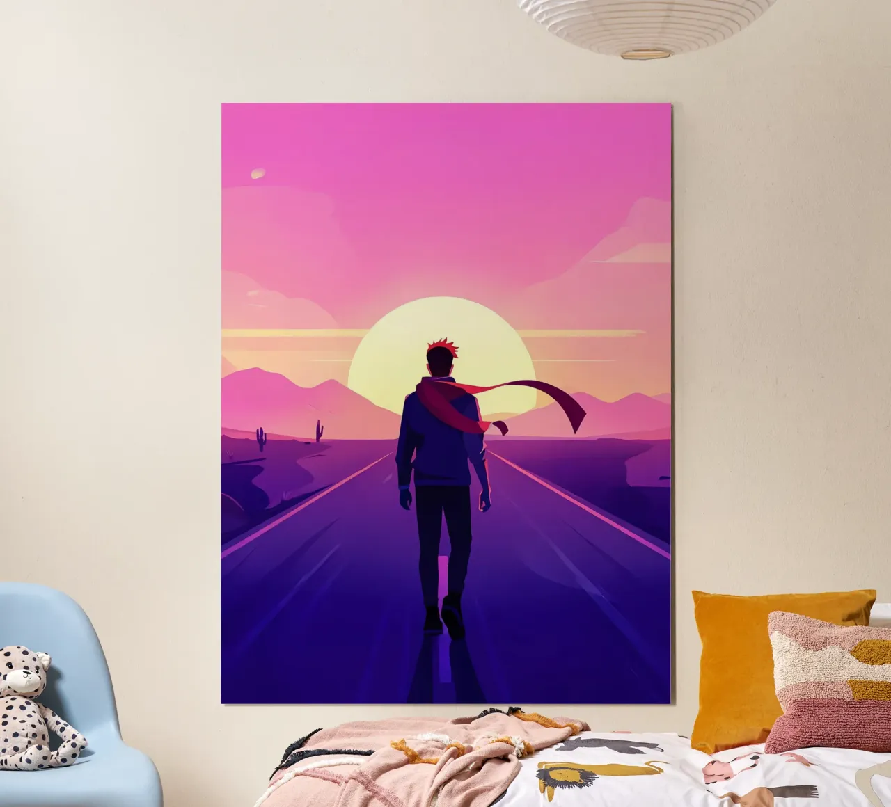 Una persona che cammina verso un sentiero al tramonto Lofi Art poster con telaio in alluminio da LoFi Gallery