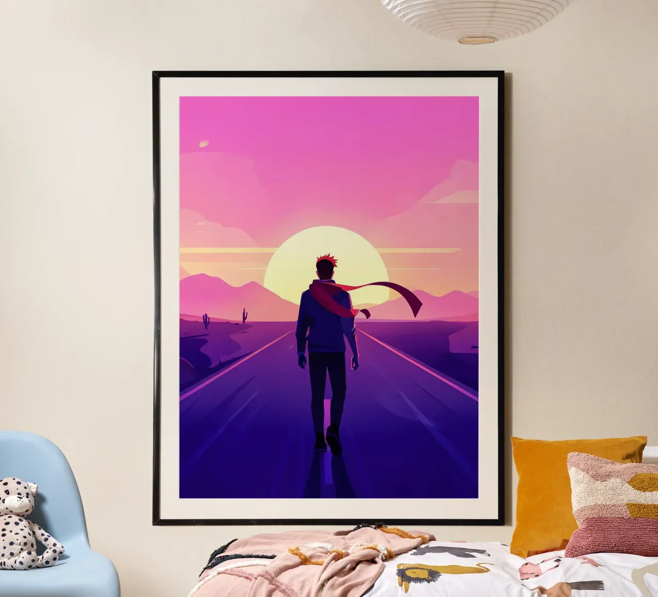 Una persona che cammina verso un sentiero al tramonto Lofi Art poster con telaio in alluminio da LoFi Gallery