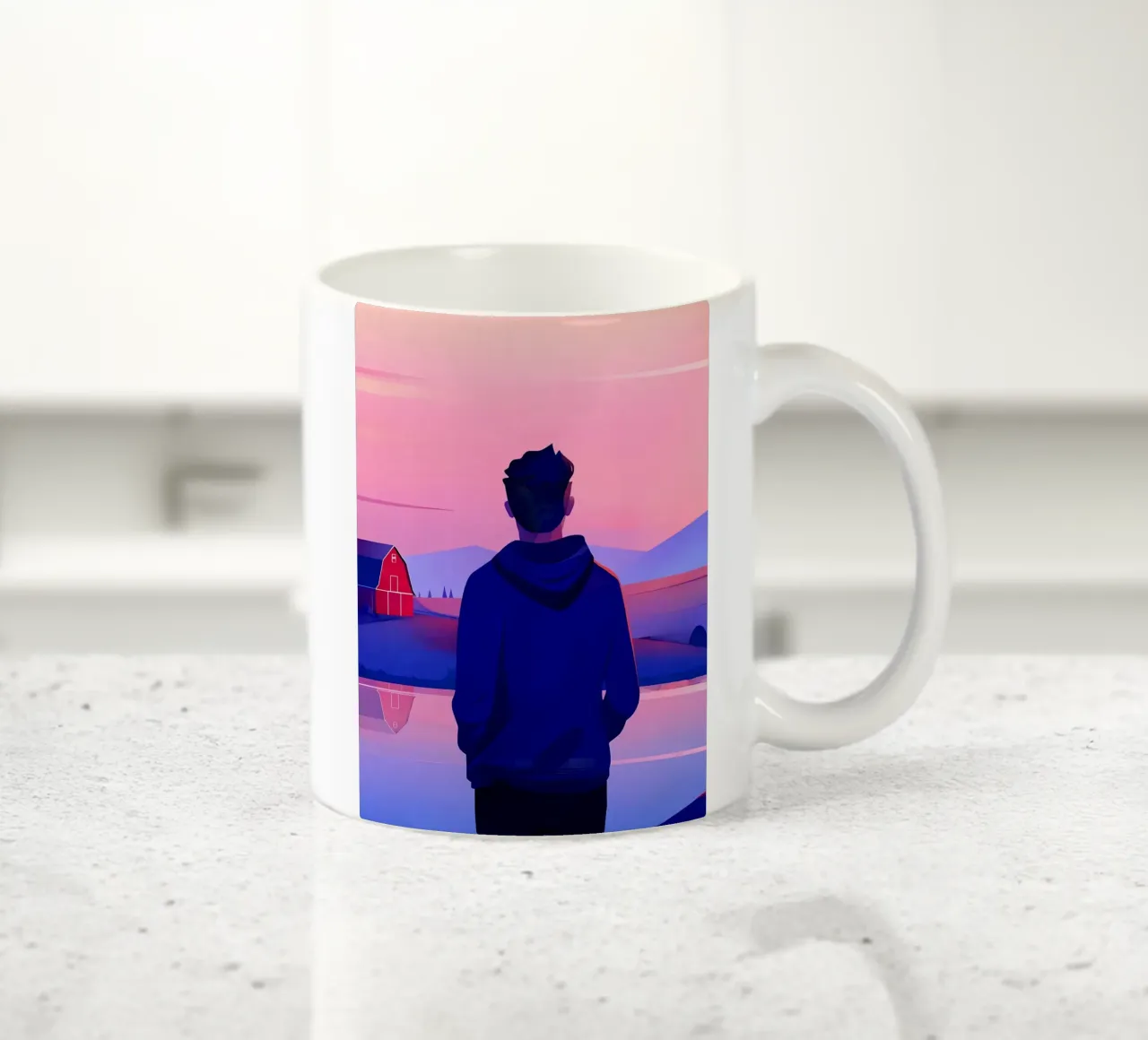 Een persoon in de buurt van een vijver in de avond zonsondergang Lofi Art keramische mok van LoFi Gallery