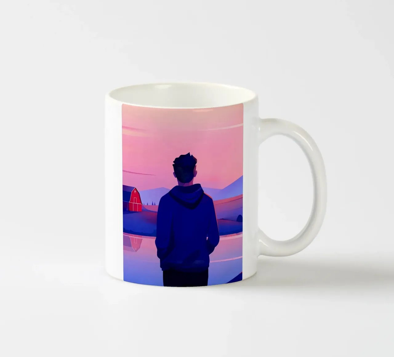 Een persoon in de buurt van een vijver in de avond zonsondergang Lofi Art keramische mok van LoFi Gallery