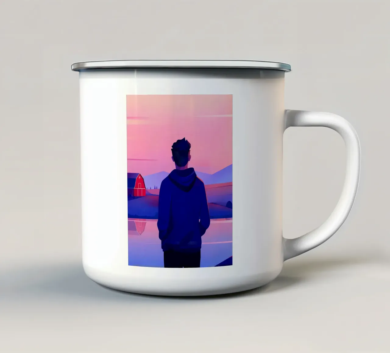 Una persona in piedi vicino a uno stagno in sera tramonto Lofi Art tazza in smalto da LoFi Gallery