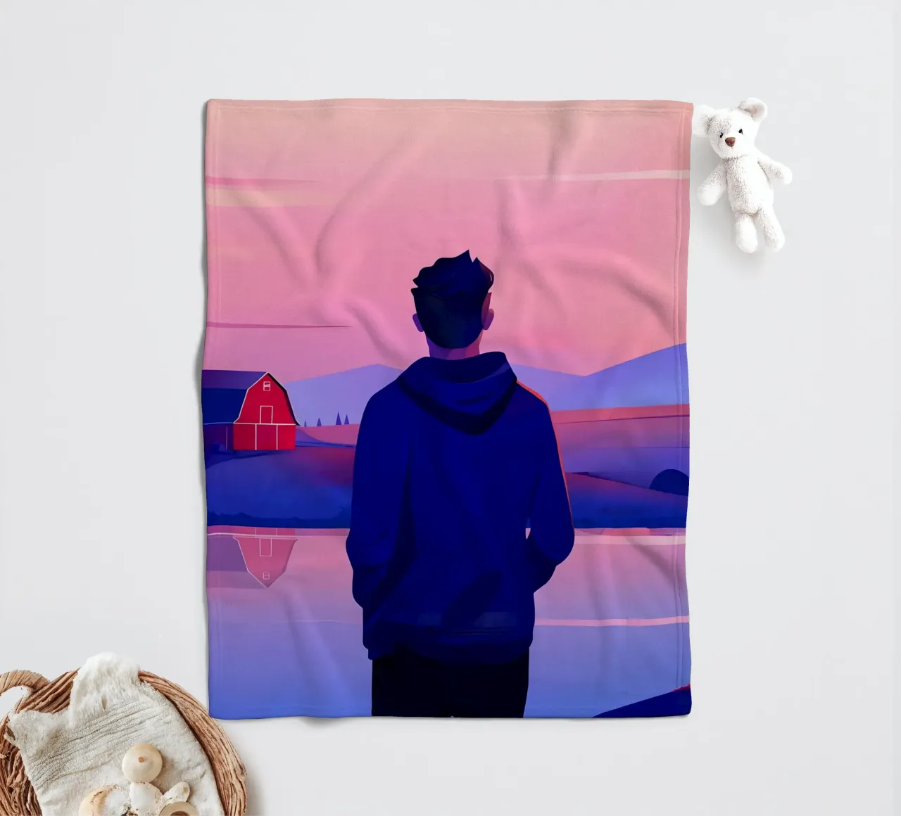 Een persoon in de buurt van een vijver in de avond zonsondergang Lofi Art fleecedeken van LoFi Gallery