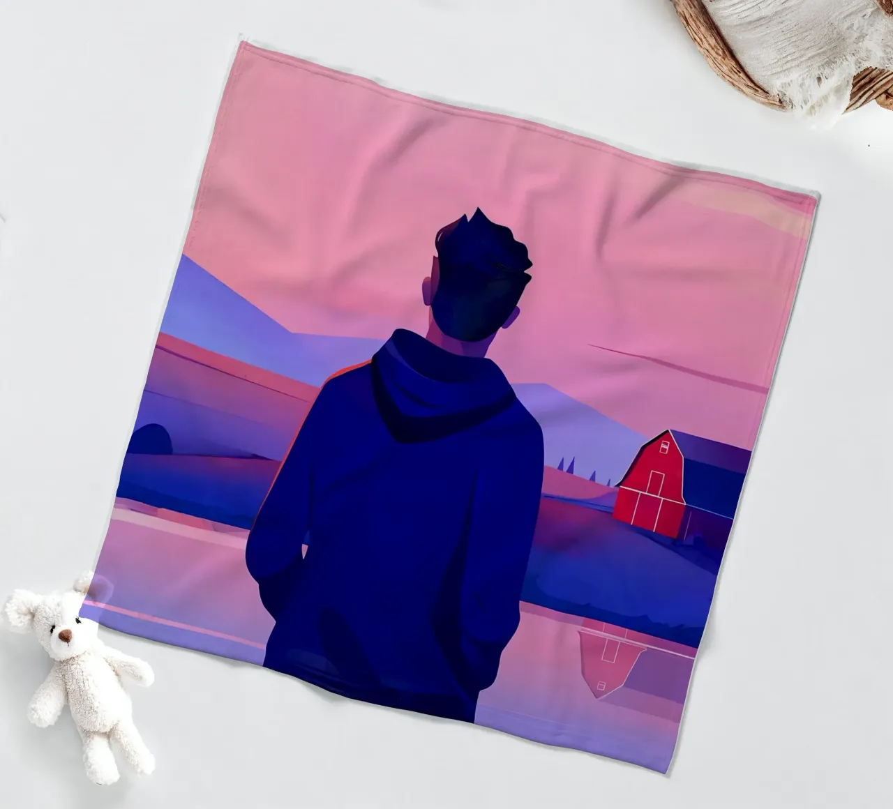 Een persoon in de buurt van een vijver in de avond zonsondergang Lofi Art fleecedeken van LoFi Gallery