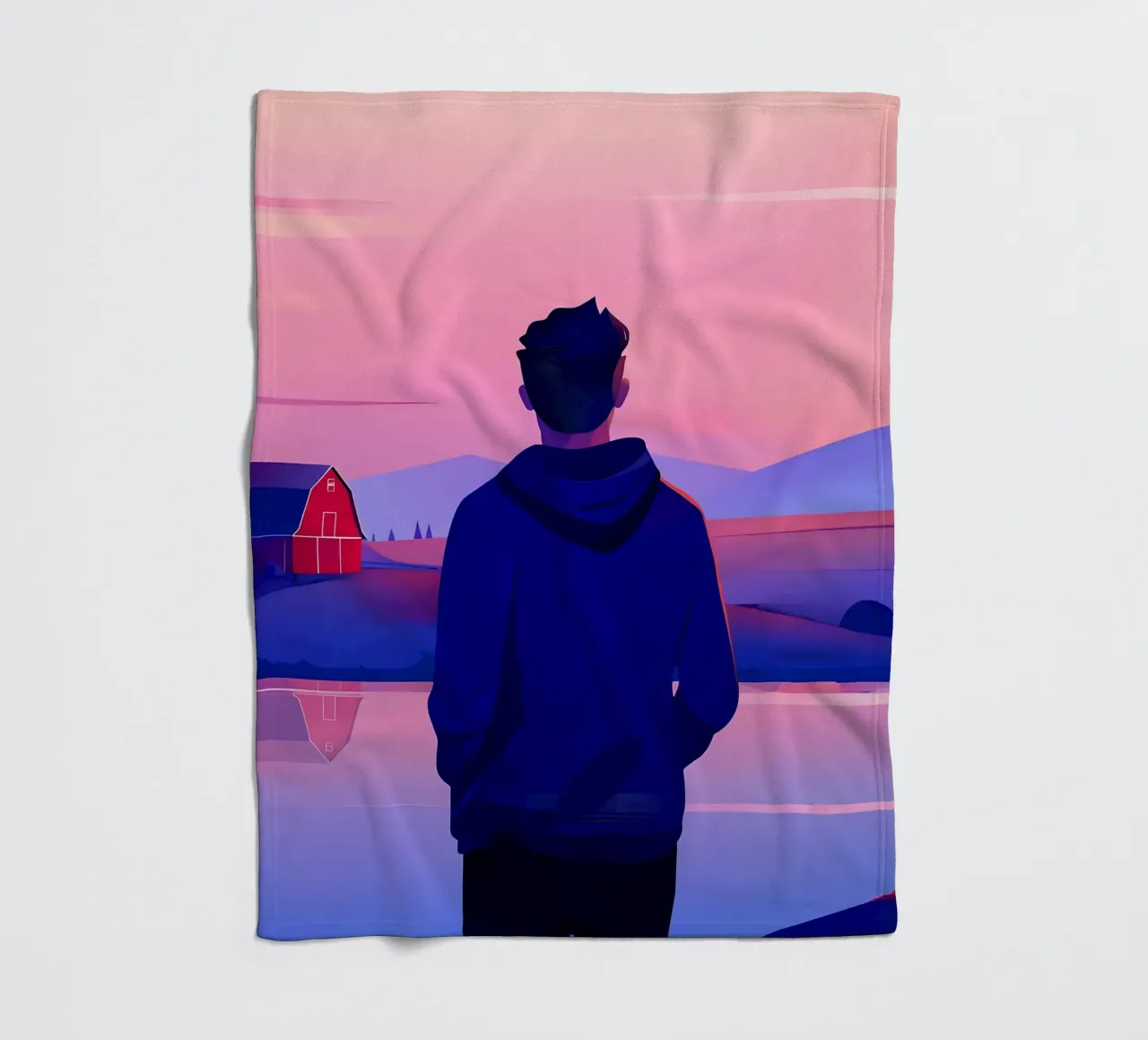 Een persoon in de buurt van een vijver in de avond zonsondergang Lofi Art fleecedeken van LoFi Gallery
