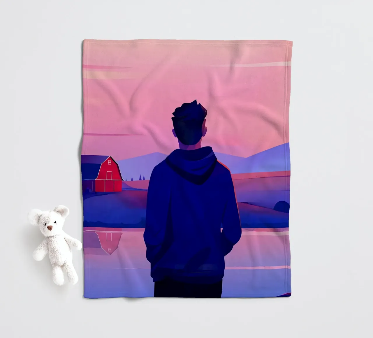 Een persoon in de buurt van een vijver in de avond zonsondergang Lofi Art fleecedeken van LoFi Gallery