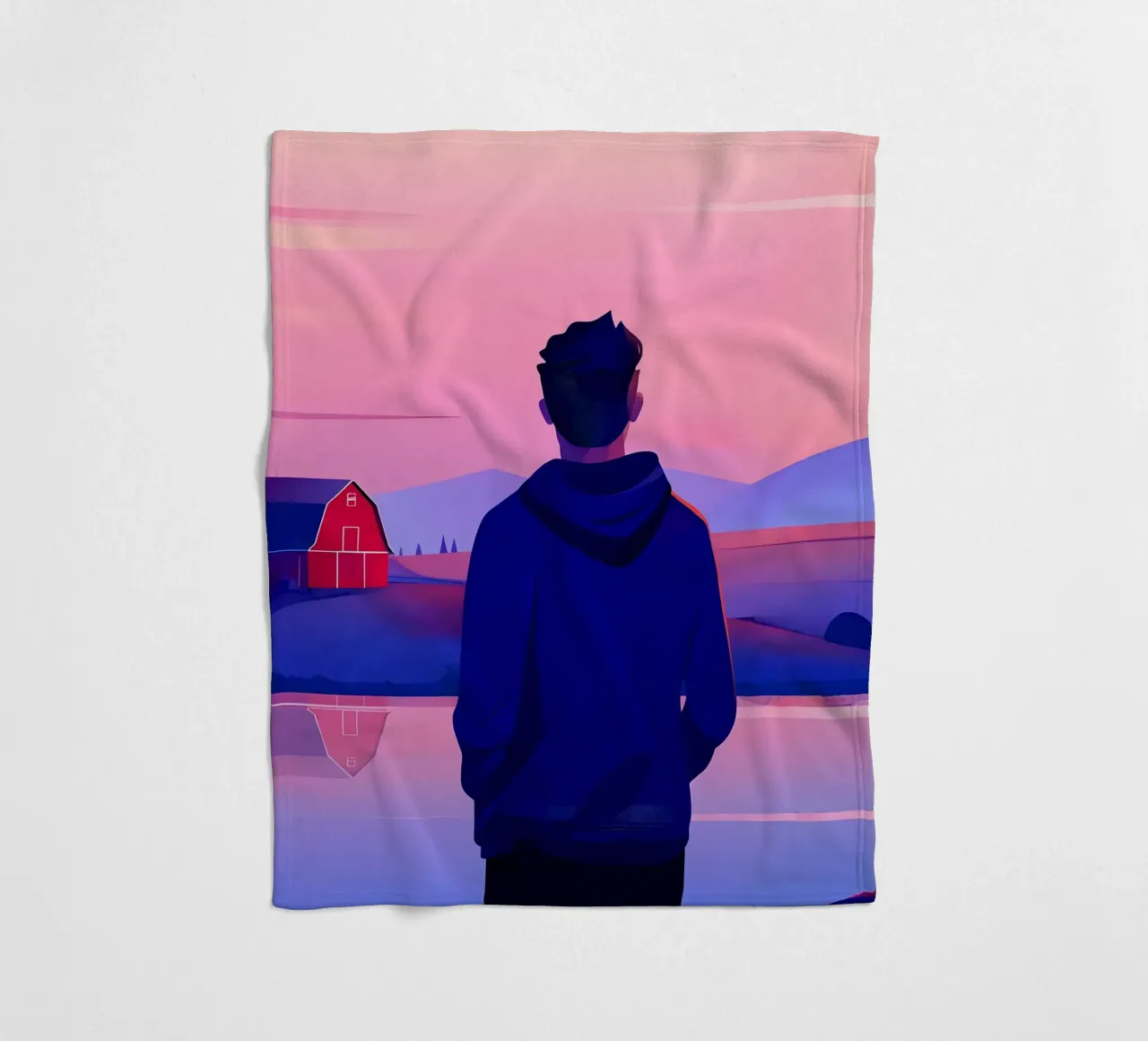 Een persoon in de buurt van een vijver in de avond zonsondergang Lofi Art fleecedeken van LoFi Gallery
