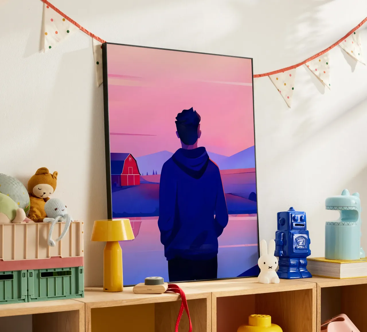 Una persona in piedi vicino a uno stagno in sera tramonto Lofi Art pannello forex da LoFi Gallery
