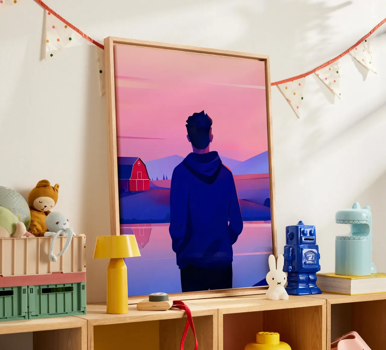 Een persoon in de buurt van een vijver in de avond zonsondergang Lofi Art canvas met Baklijst van LoFi Gallery
