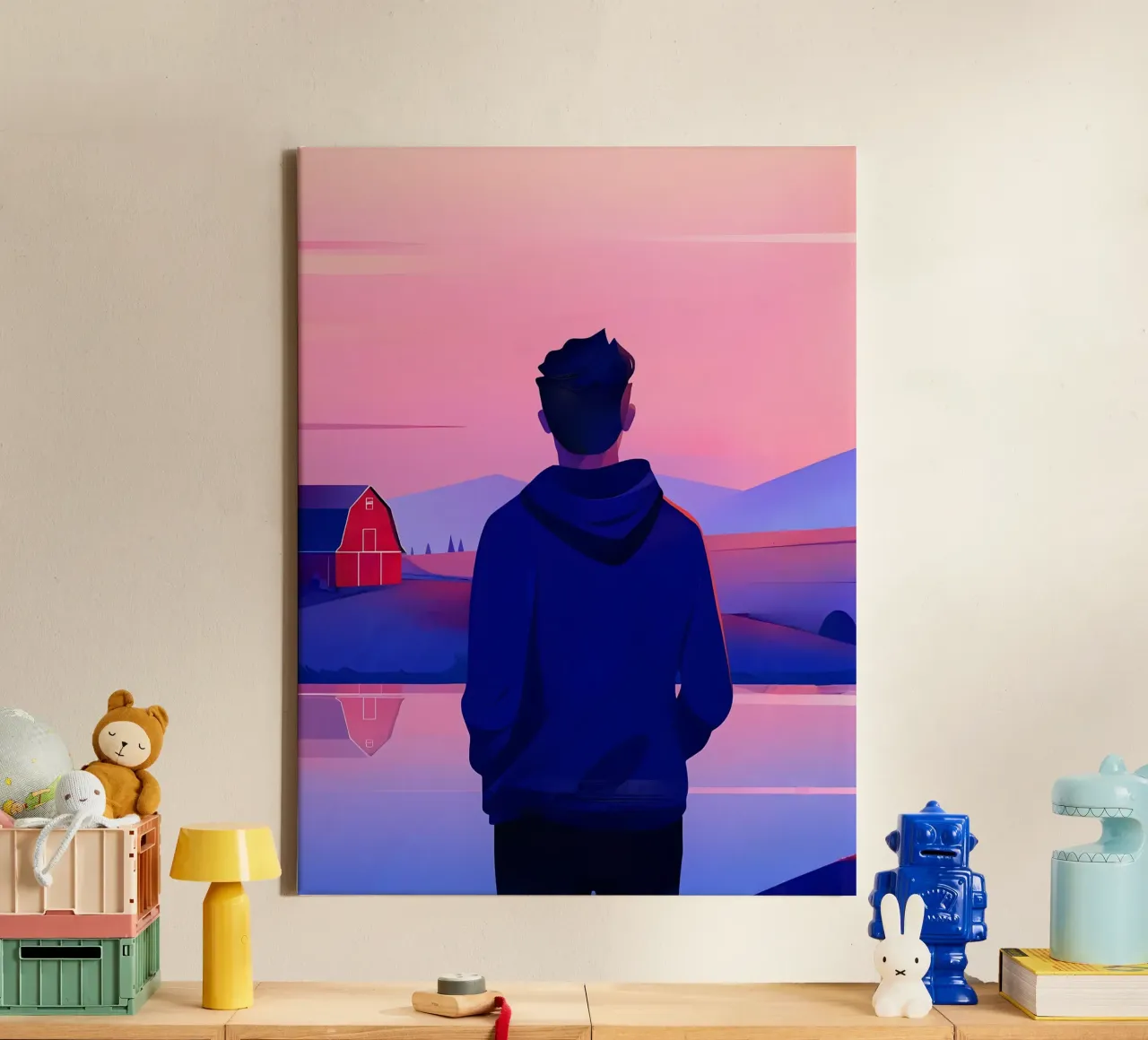 Een persoon in de buurt van een vijver in de avond zonsondergang Lofi Art canvas met Baklijst van LoFi Gallery
