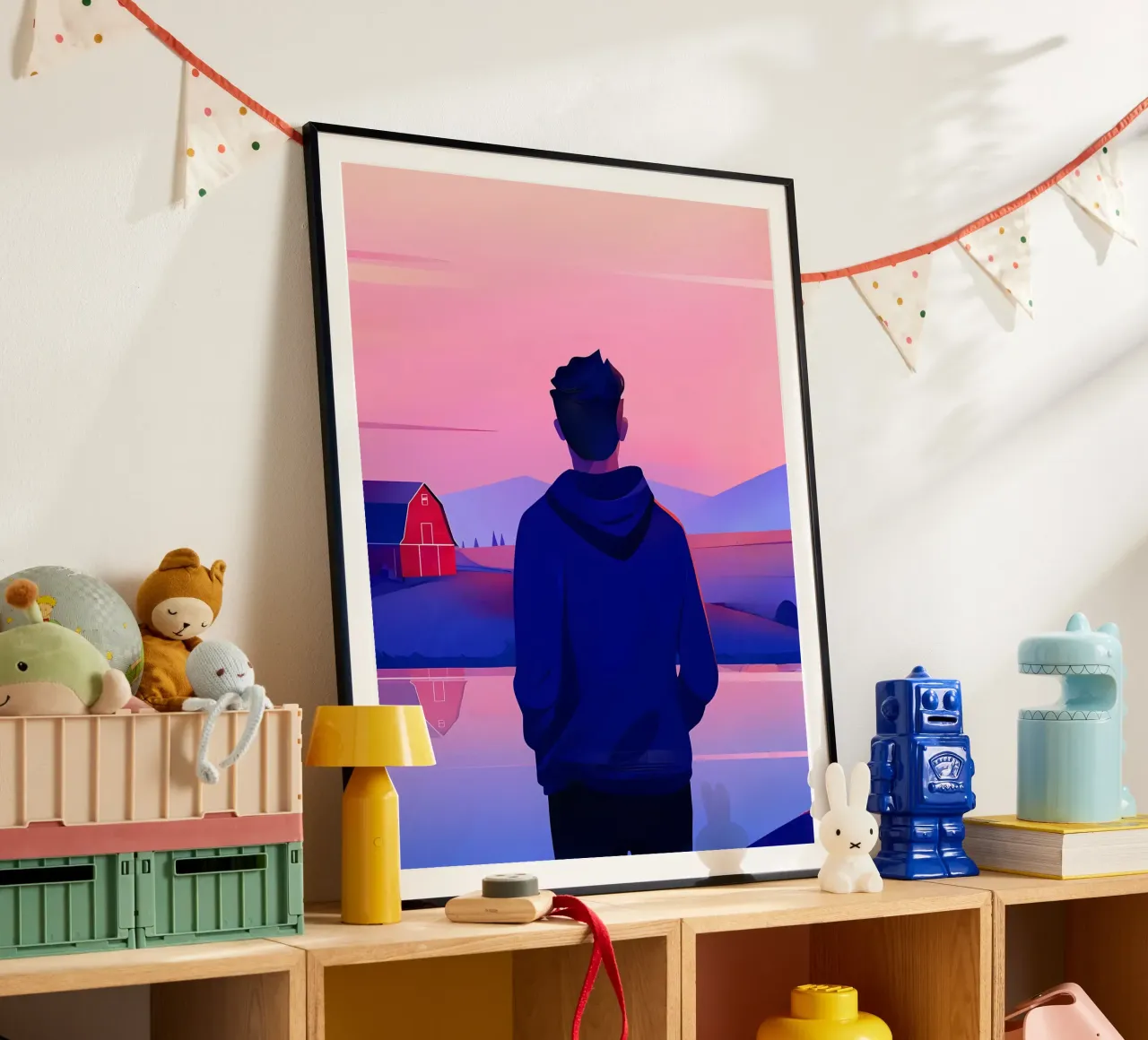 Una persona in piedi vicino a uno stagno in sera tramonto Lofi Art poster con telaio in legno da LoFi Gallery