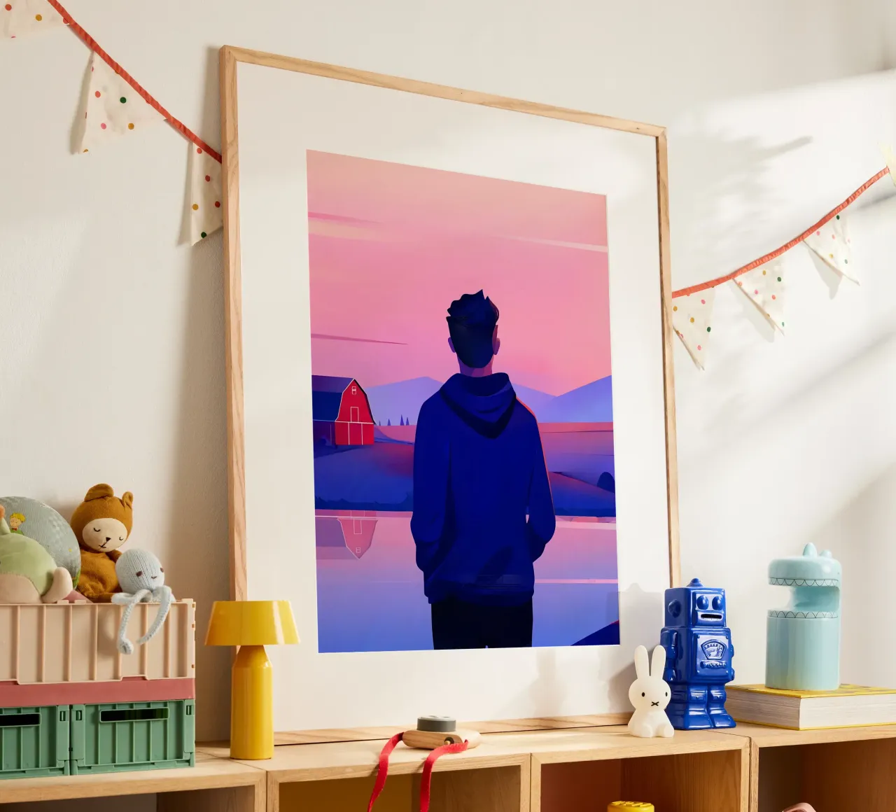 Una persona in piedi vicino a uno stagno in sera tramonto Lofi Art poster con telaio in legno da LoFi Gallery