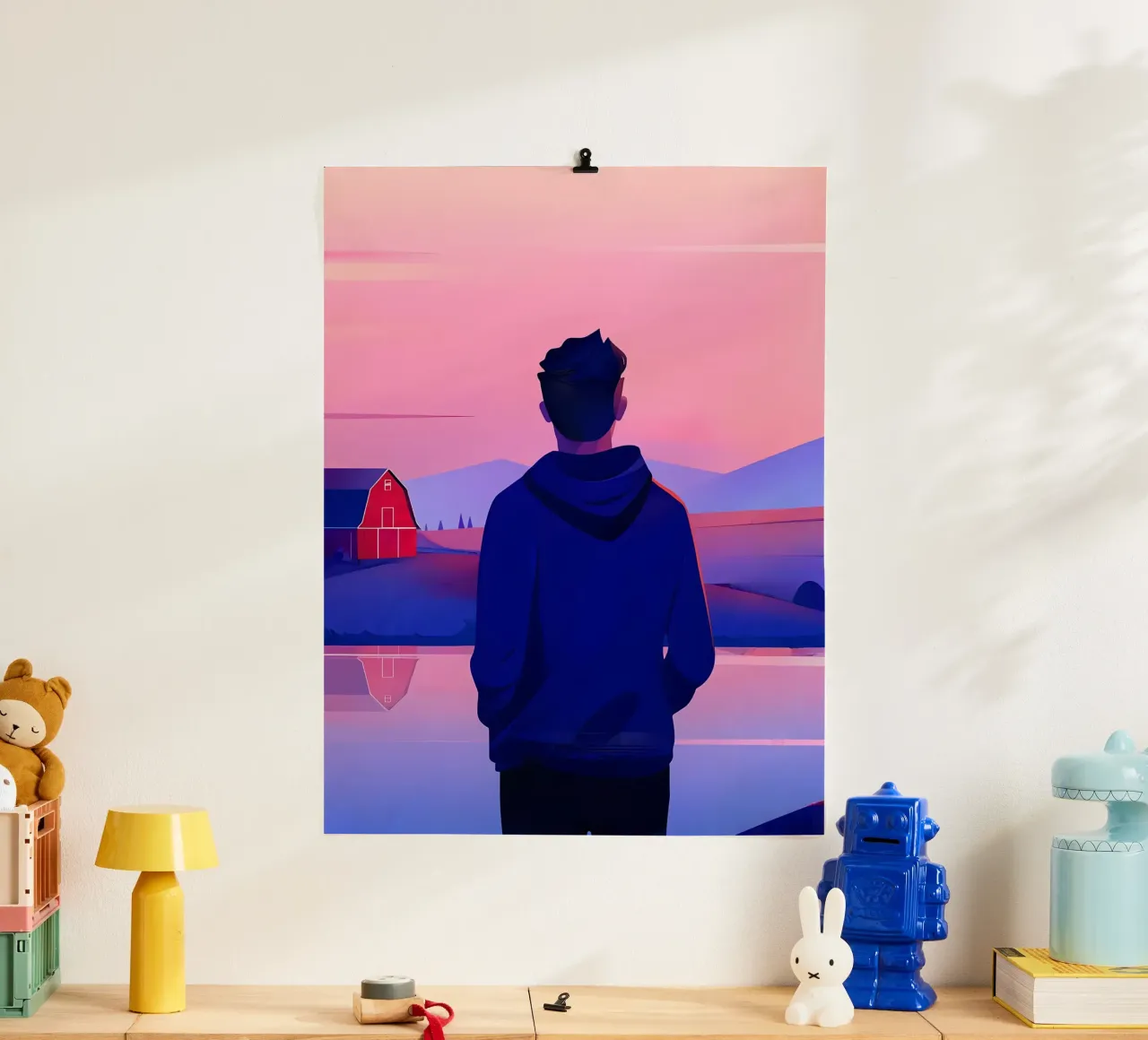 Una persona in piedi vicino a uno stagno in sera tramonto Lofi Art poster con telaio in legno da LoFi Gallery