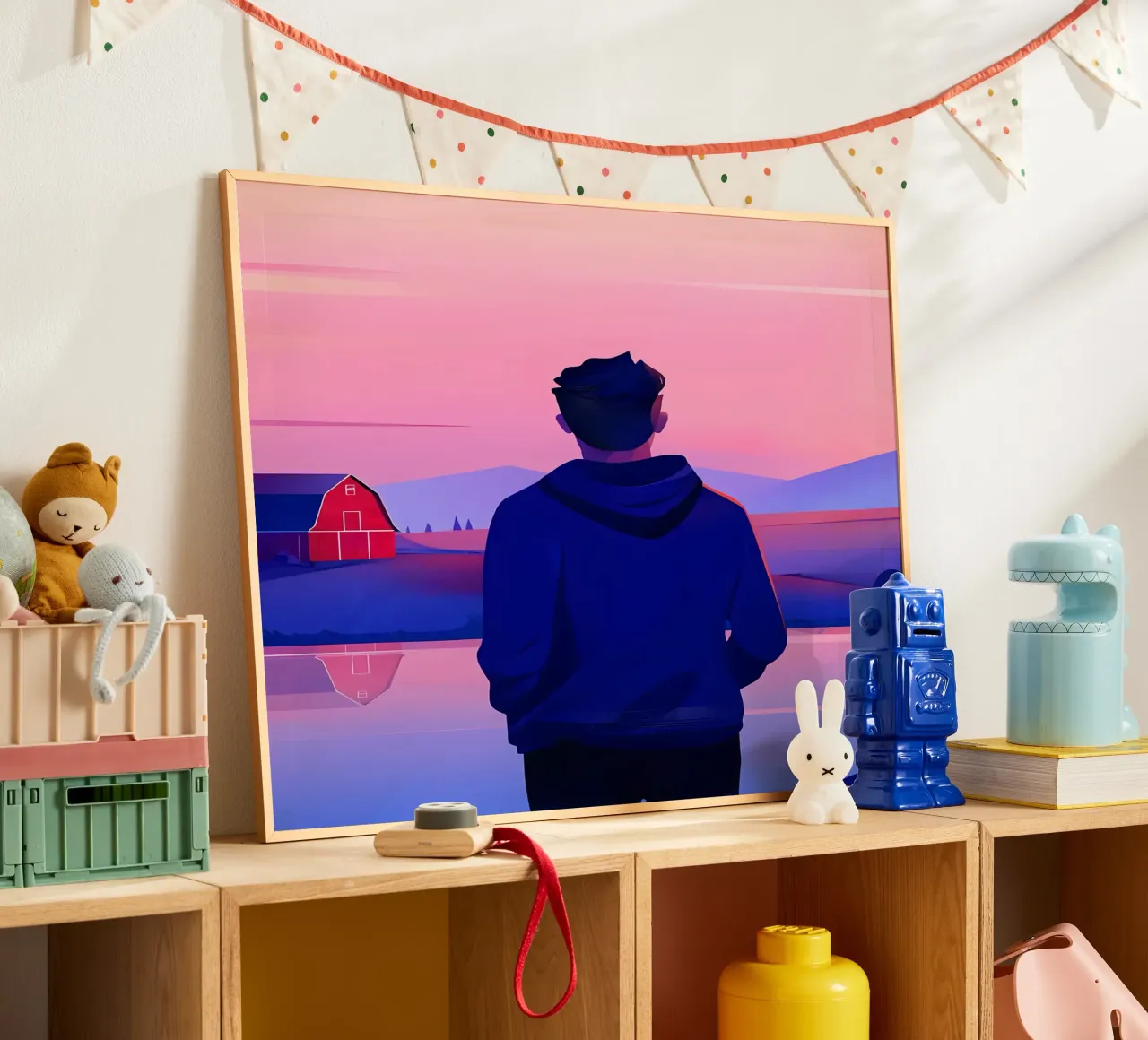 Una persona in piedi vicino a uno stagno in sera tramonto Lofi Art poster con telaio in legno da LoFi Gallery