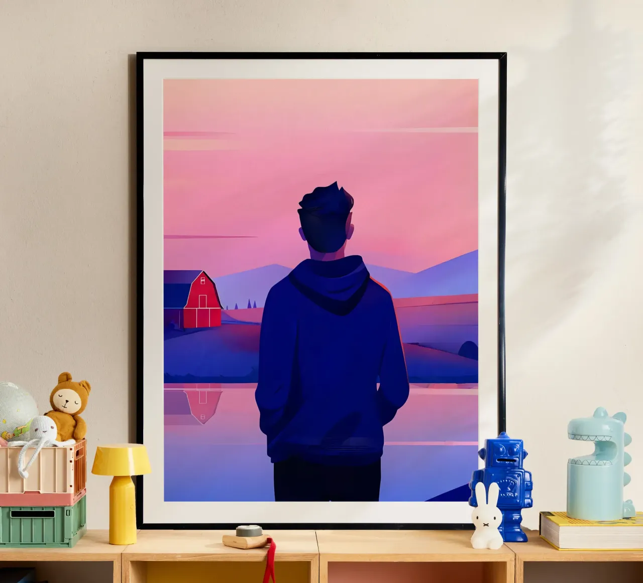 Una persona in piedi vicino a uno stagno in sera tramonto Lofi Art poster con telaio in legno da LoFi Gallery