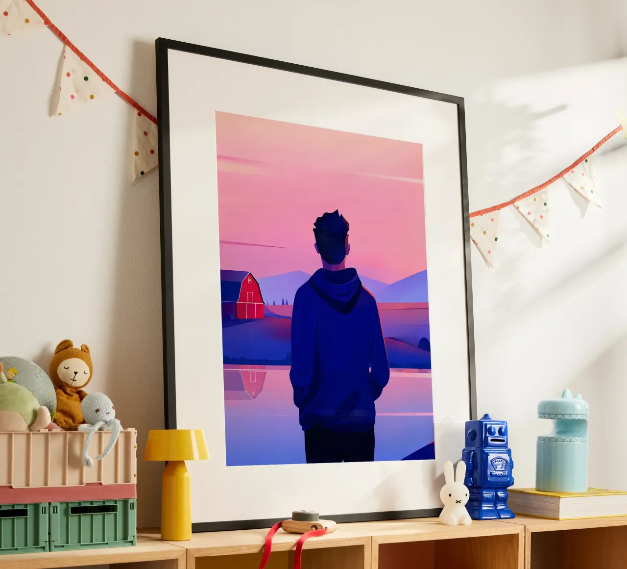 Una persona in piedi vicino a uno stagno in sera tramonto Lofi Art poster con telaio in legno da LoFi Gallery