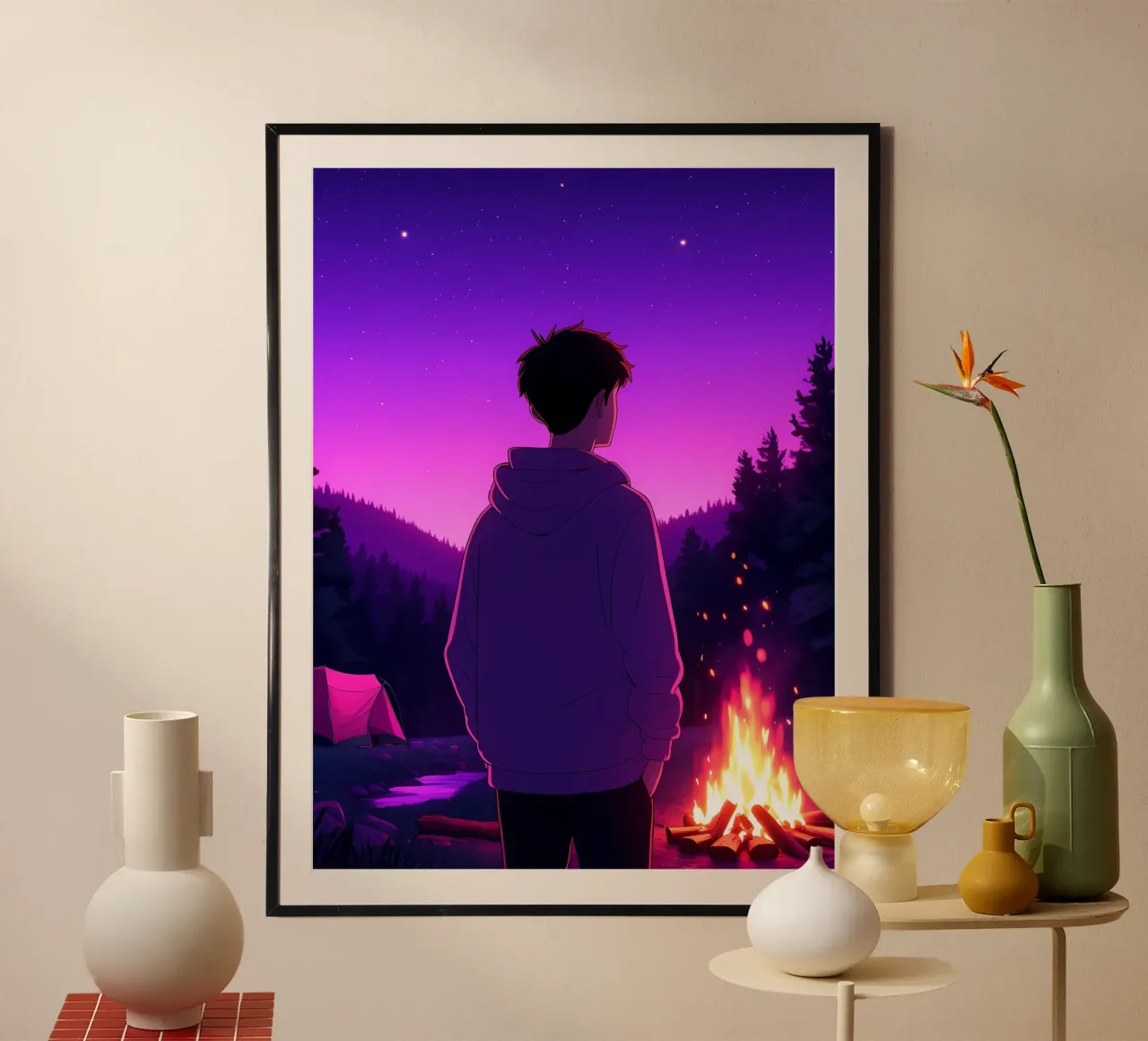 Un ragazzo in piedi vicino all'incendio Lofi Art poster con telaio in plastica da LoFi Gallery