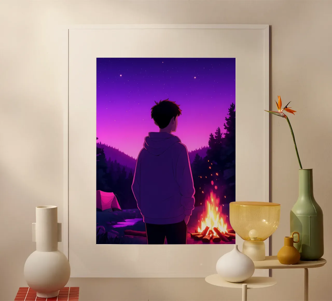 Un ragazzo in piedi vicino all'incendio Lofi Art poster con telaio in plastica da LoFi Gallery