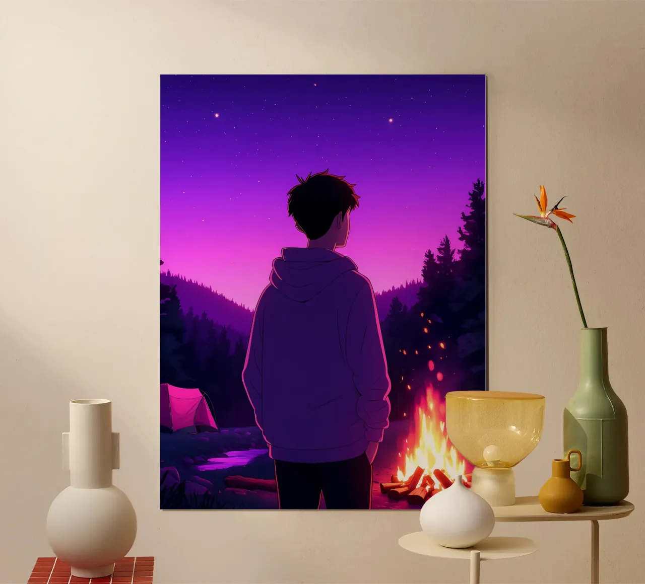 Un ragazzo in piedi vicino all'incendio Lofi Art poster con telaio in plastica da LoFi Gallery
