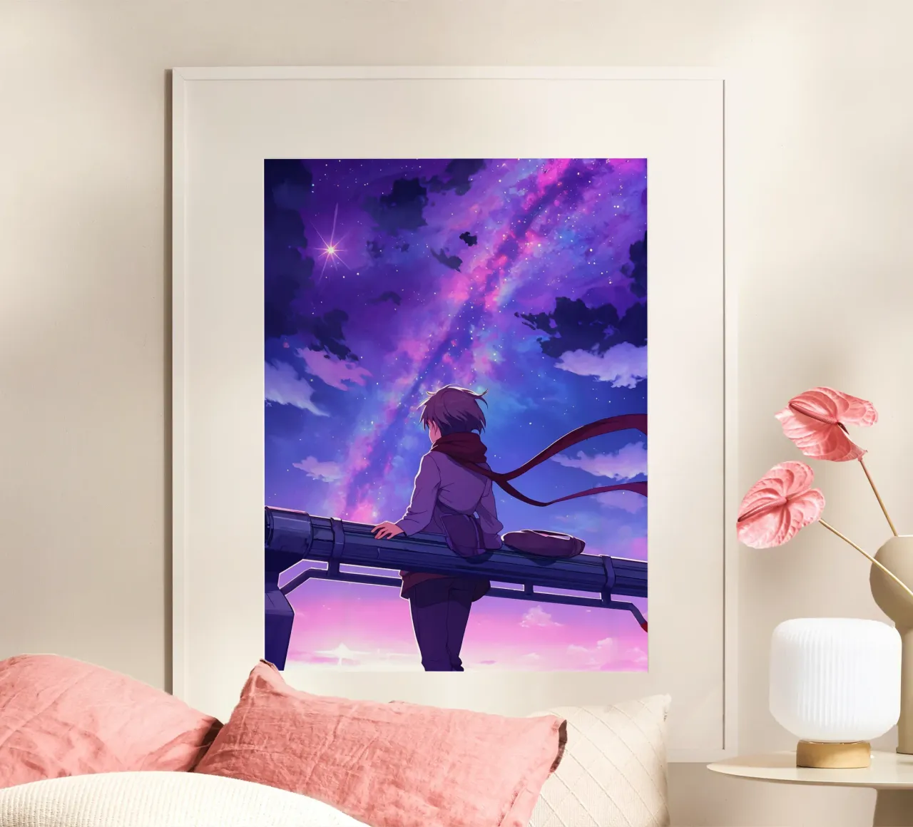 Homme regardant le ciel nocturne seul Lofi Art poster avec cadre en bois de LoFi Gallery