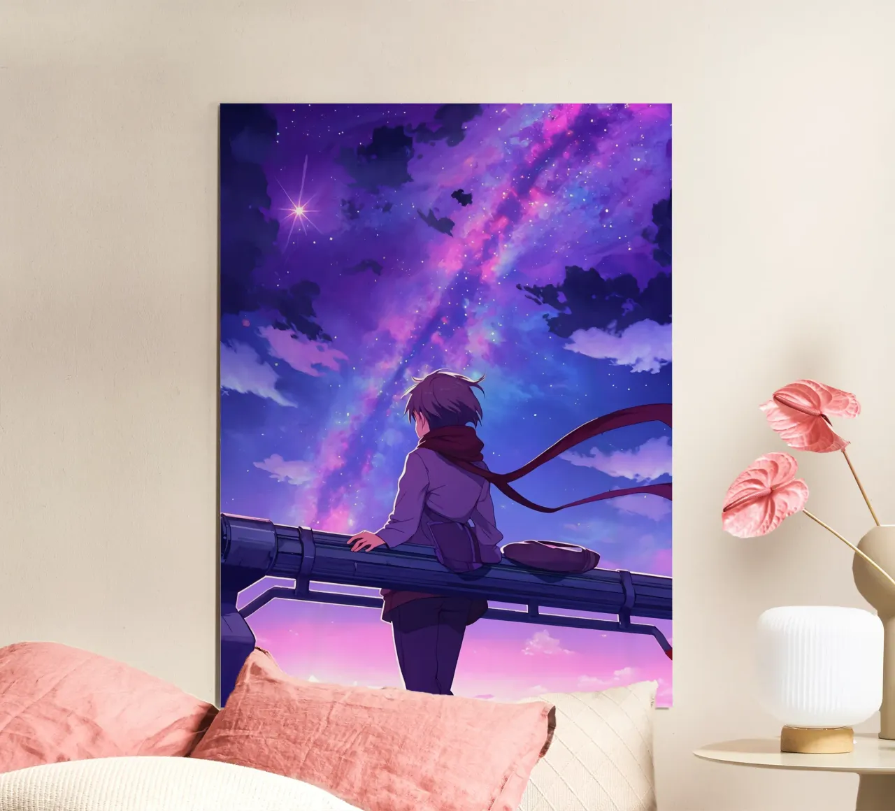 Homme regardant le ciel nocturne seul Lofi Art poster avec cadre en bois de LoFi Gallery
