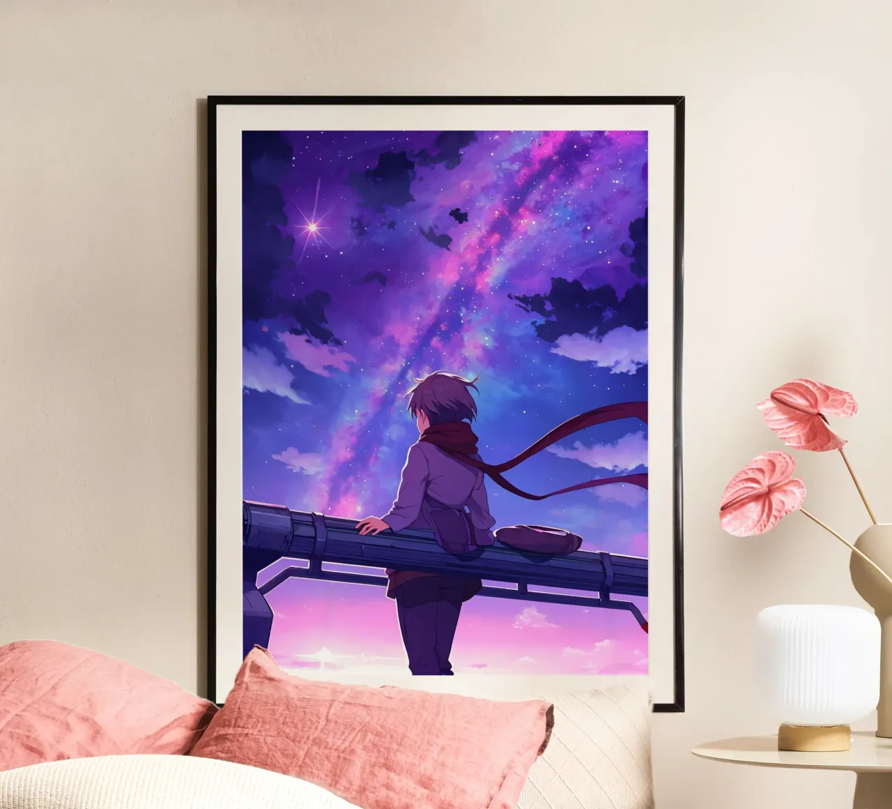 Homme regardant le ciel nocturne seul Lofi Art poster avec cadre en bois de LoFi Gallery