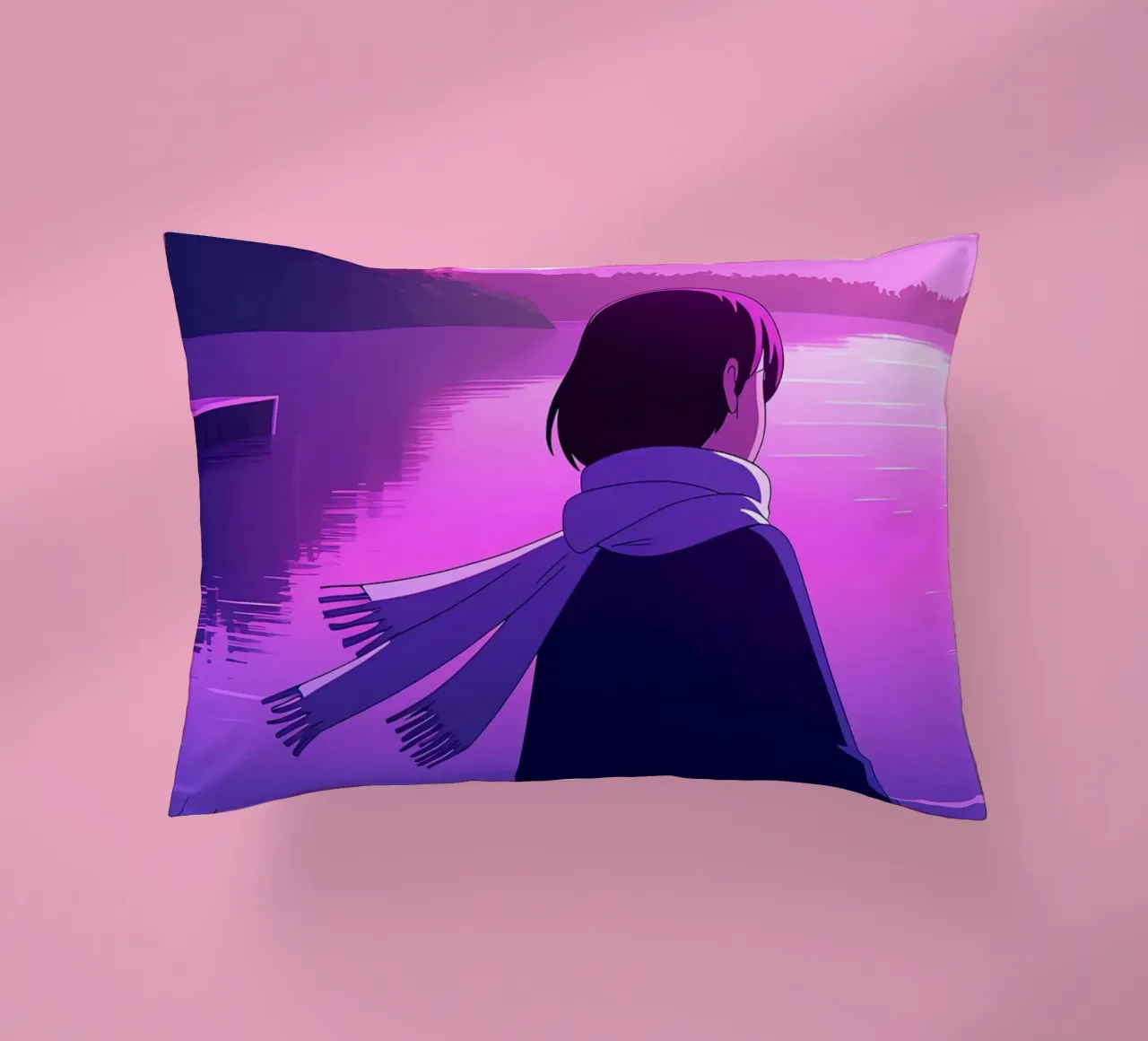 Una ragazza in piedi al molo di Riverside Lofi Art cuscino da LoFi Gallery