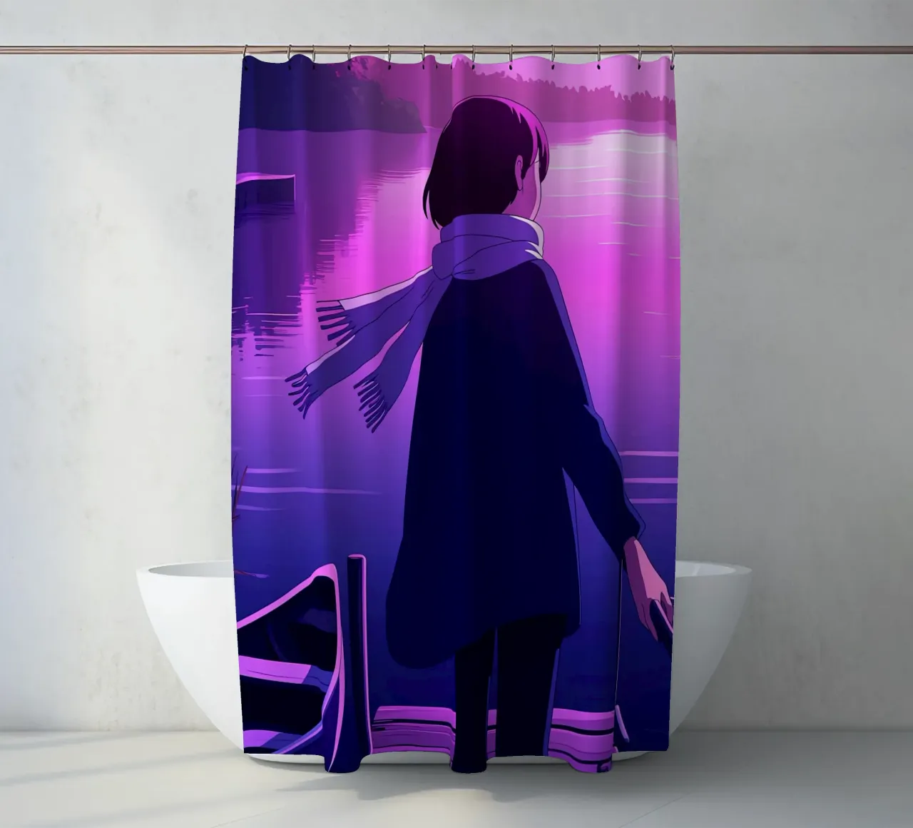 Ein Mädchen, das am Riverside Dock steht Lofi Art Duschvorhang von LoFi Gallery