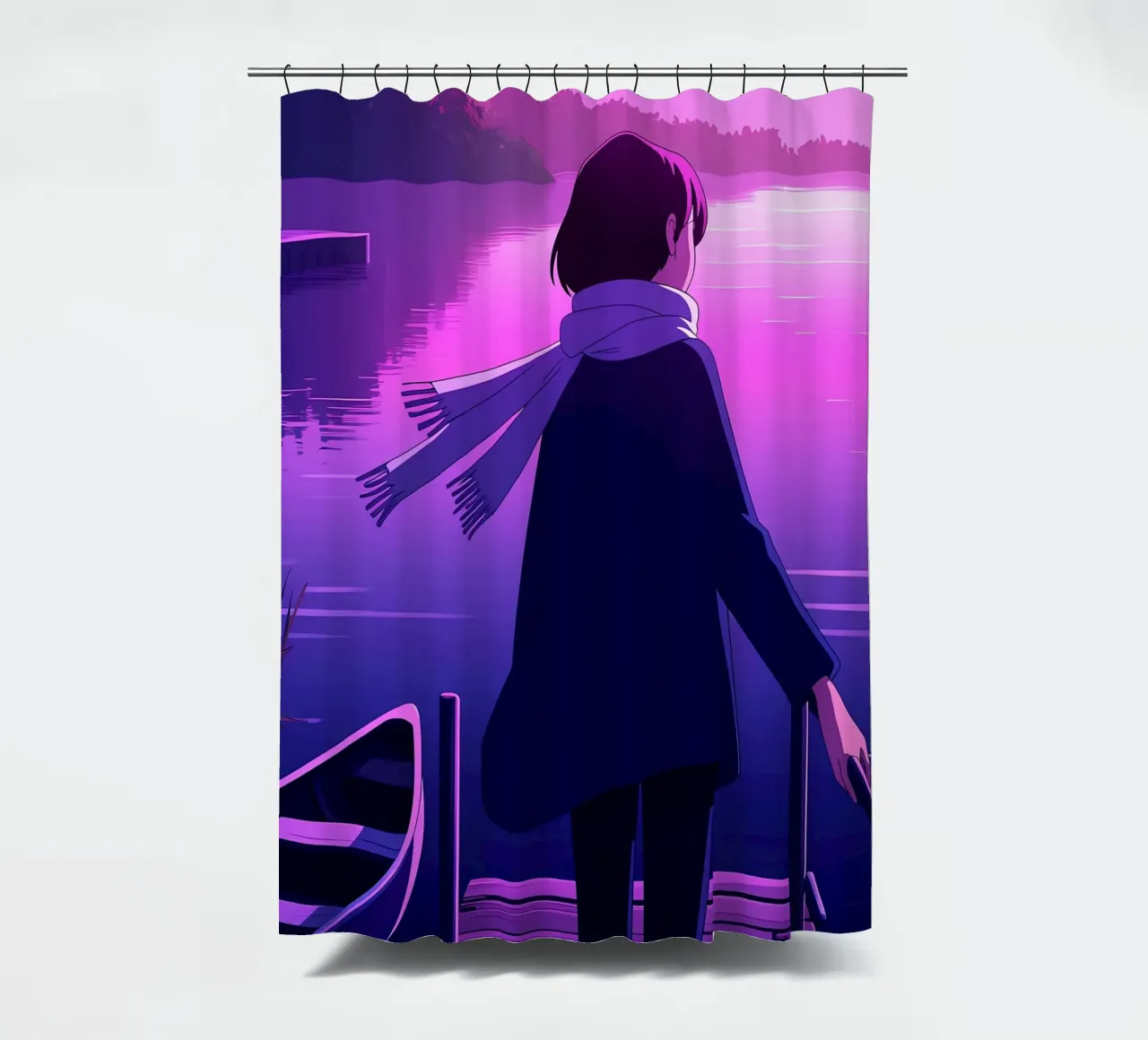 Ein Mädchen, das am Riverside Dock steht Lofi Art Duschvorhang von LoFi Gallery