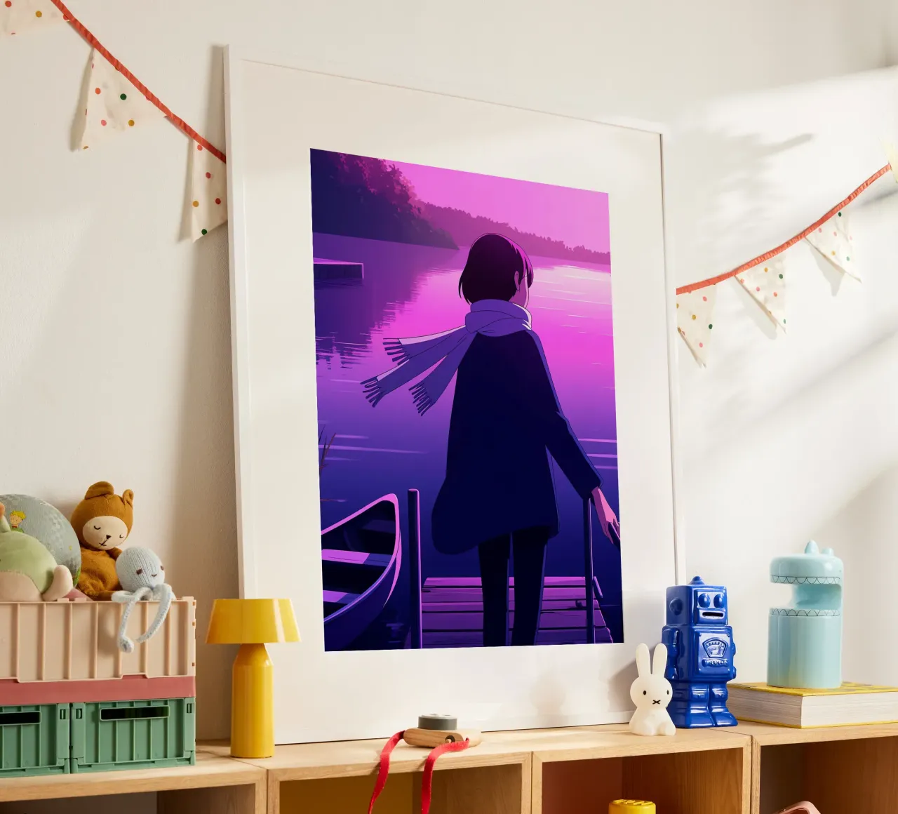 Ein Mädchen, das am Riverside Dock steht Lofi Art Hahnemühle von LoFi Gallery