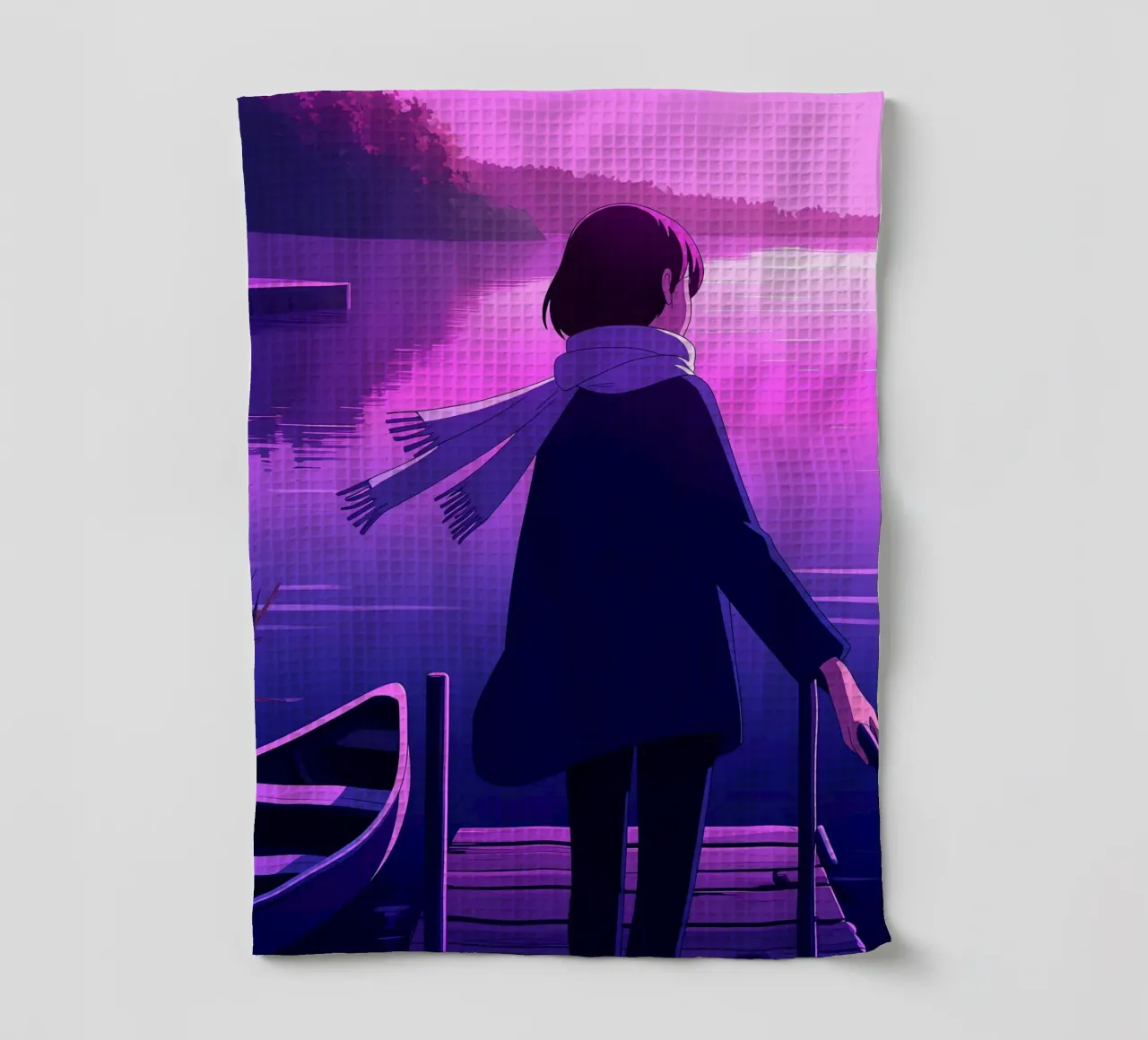 Ein Mädchen, das am Riverside Dock steht Lofi Art Geschirrtuch von LoFi Gallery
