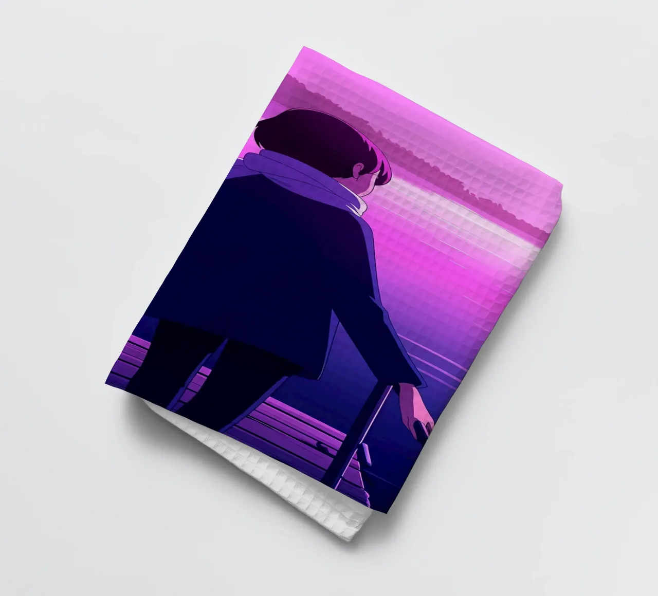 Ein Mädchen, das am Riverside Dock steht Lofi Art Geschirrtuch von LoFi Gallery