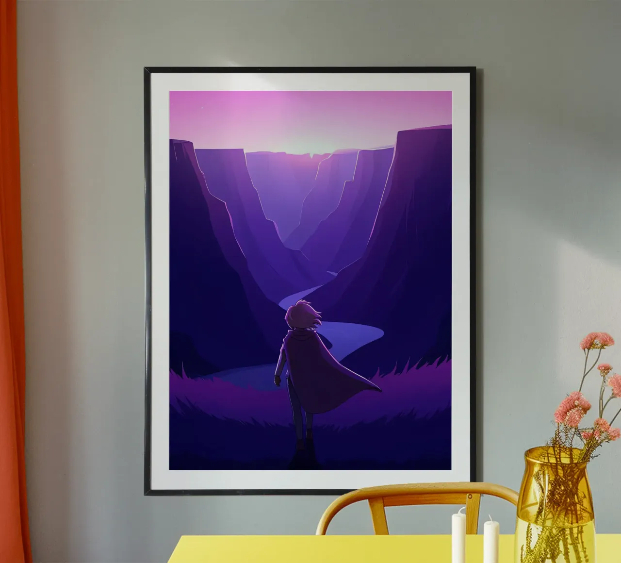 Una ragazza che cammina per le valli di sera Lofi Art poster con telaio in alluminio da LoFi Gallery