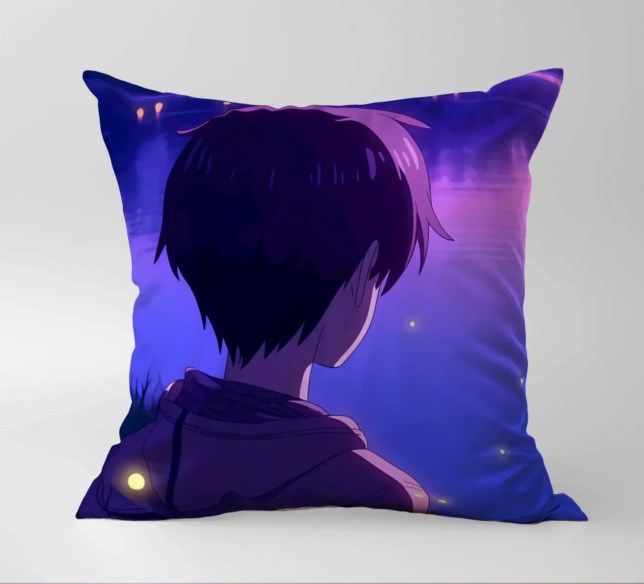 Un ragazzo in piedi vicino a uno stagno con lucciole Lofi Art cuscino da LoFi Gallery